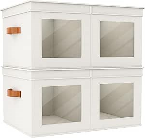 Univivi Large Storage Boxes with Lids, Collapsible Foldable Storage Bins for Clothes, [2-Pack] Fabric Storage Cubes with Handles, Closet Organizers for Home, Bedroom (Beige, 24” x 17” x 12")