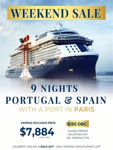 𝐀 𝐃𝐫𝐞𝐚𝐦 𝐈𝐭𝐢𝐧𝐞𝐫𝐚𝐫𝐲 - 𝐒𝐩𝐚𝐢𝐧, 𝐏𝐨𝐫𝐭𝐮𝐠𝐚𝐥 & 𝐚 𝐬𝐭𝐨𝐩 𝐢𝐧 𝐏𝐚𝐫𝐢𝐬/𝗡𝗼𝗿𝗺𝗮𝗻𝗱𝘆! Weekend sale. Book by Feb 14 & surprise your Valentine! July 23 - Aug 01, 2026 9 Nights Europe from Southampton Celebrity Apex Prime Infinite Balcony Stateroom E1 $7,884 - Total for 2 adults, inc all tax and port fees, CDN 𝐈𝐧𝐜𝐥𝐮𝐝𝐞𝐬: $150 OBC - If booked by Feb 14 Classic Drinks Wi-Fi 2 devices Prepaid Gratuities Refundable Deposit 𝐈𝐭𝐢𝐧𝐞𝐫𝐚𝐫𝐲: Day 1 * Southampton, Englan