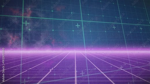 Neon grid plane magenta horizon responding to scanline noise, pulsing, drifting to evoke synth mood