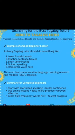Clueless in Tagalog? Perfect. Start right. Find a tutor who builds confidence, not pressure. 🎯 Scaffolded speaking 🎯 Consistent online lessons 🎯 Learn useful words first Progress is optimized with the right Tagalog teacher. 💯 ***** Want a FREE 30-minute trial Tagalog lesson, message now. More Tagalog tips? https://bit.ly/3TP4kSH Tagalog Tutor Pro FAQs https://bit.ly/47WTuQu Teaching Tagalog for Positive Change since 2005 https://www.facebook.com/TagalogTutorPro/ Credentials & videos on Canva