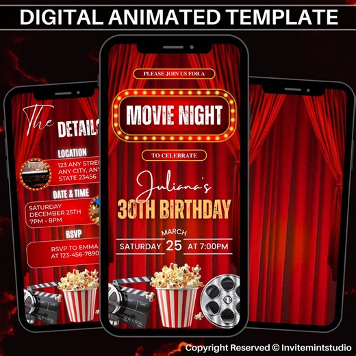 Digital Movie Birthday Party Invitation, Animated Movie Theater Invite for Boy or Girl, DIY Editable Template for Cinema Showing