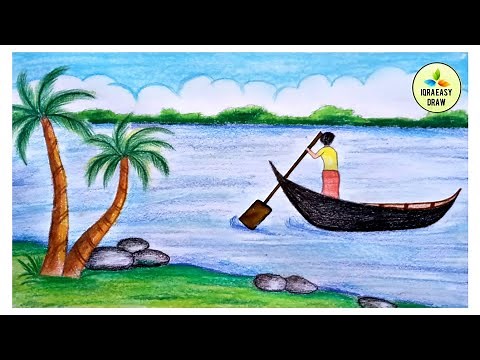 How to Draw Easy Boat Scenery | Beautiful Riverside Landscape scenery with Oil pastel step by step