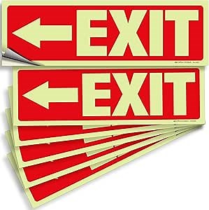 iSYFIX Exit Stickers Signs with Directional Left Arrow 6 Pack 12x4 Inch - Glow in the Dark Photoluminescent Vinyl for Office, School, Business, Warehouse - UV & Weather Resistant for Indoor/Outdoor Use