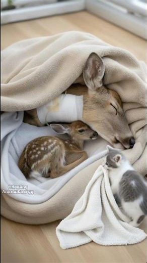 A Kind Kitten Comforts an Injured Deer Family