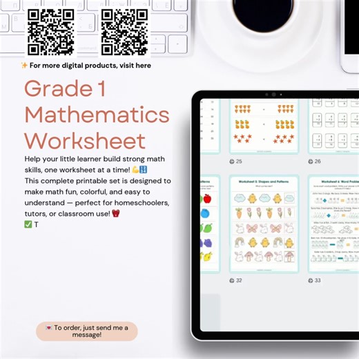 📘✨ GRADE 1 MATHEMATICS WORKSHEETS ✨📘 Help your little learner build strong math skills, one worksheet at a time! 💪🔢 This complete printable set is designed to make math fun, colorful, and easy to understand — perfect for homeschoolers, tutors, or classroom use! 🎒 ✅ Topics Included: • Counting & Numbers • Shapes & Patterns • Word Problems • Skip Counting (2s, 5s, 10s) • Place Value (Tens & Ones) 🩵 Clean layout | Kid-friendly fonts | Mint blue design 🩵 Includes Answer Keys and certificate o