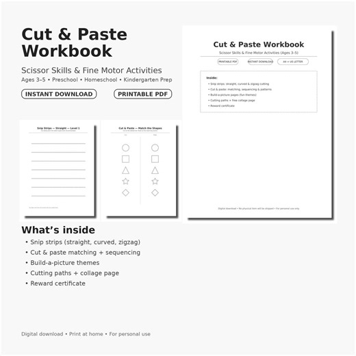 Cut & Paste Scissor Skills Workbook Printable PDF | Preschool Cutting Practice Ages 3-5 | Fine Motor | Homeschool | A4   US Letter - Etsy