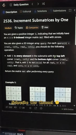 LeetCode 2536 🔥 Increment Submatrices by One | Java C++ Python | Daily DSA |#shortsindia #motivation