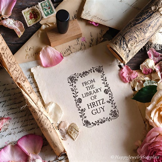 Custom Art Deco Book Stamp, Personalised Floral Wildflower Library Stamp, Ex Libris Rubber Stamp, From the Library of Book Stamp - Etsy