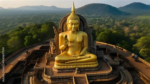 Golden Buddha Statue Dambulla Cave Temple Sri Lanka - Sacred Asian Landmark Spirituality.