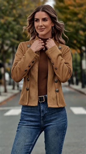 Women's Solid Color Double Button Suede Fitted Jacket, Casual Chic Long Sleeve Stand Collar Outerwear, Fall & Winter Daily Wear #jeansjackets #oversizeddenimjacket #womenscoats #jacketwithzipper #aritziajacket #cutejacket #jacketcasual #leatherjacketoutfitinspo #deminjacket #oversizedjeanjacket