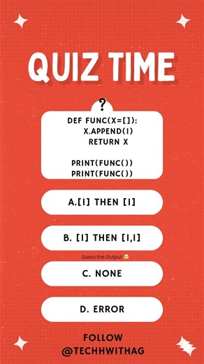 Day 14 🐍 Python Quiz Comment your answer 👇Follow @TechhWithAGSave 🔖 | Share ↗️Daily coding quizzes 💻