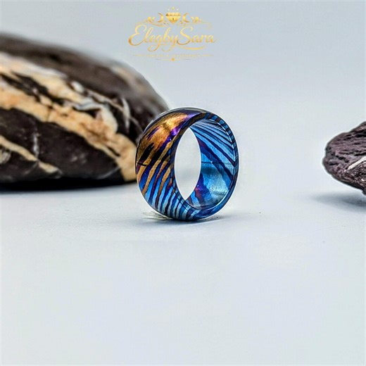 Blue Flaming Timascus Dome Ring – Hand Forged Titanium Damascus Wedding Band – Fire Pattern Oath Ring – Anniversary Gift for Men and Women - Etsy