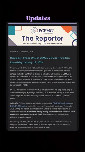 Zain Abdin MD on Instagram: "Important USMLE update for IMGs ECFMG announced that Phase One of the USMLE Service Transition launches on January 12, 2026. This changes where IMG USMLE exam services are handled. Key dates you should know 1. By January 7, 2026 If you are testing during the transition window, download your scheduling permit by this date. You cannot test without a permit. 2. January 8, 2026 ECFMG MyIntealth will no longer provide USMLE services for IMGs, and both the FSMB USMLE porta
