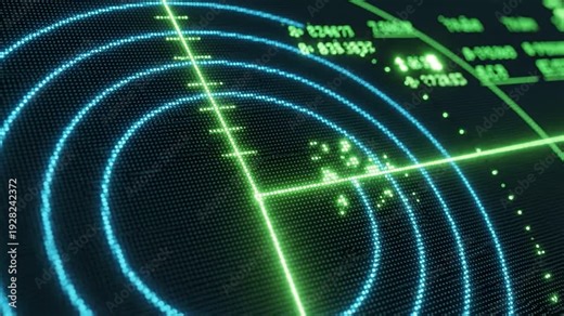 Green radar display with concentric blue rings and bright green sweep line tracking multiple blips and data readouts dark control interface conveying monitoring and detection urgency green radar