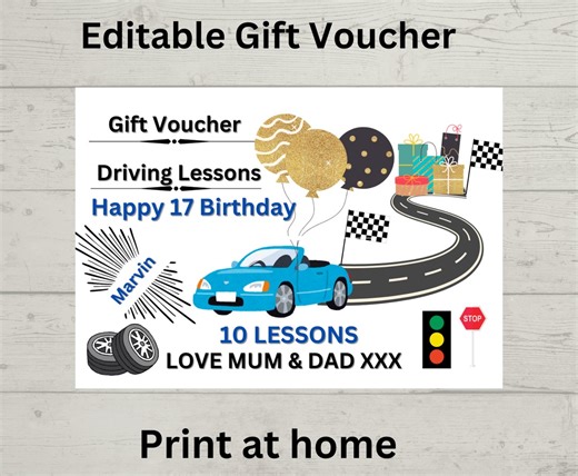 Driving Lessons Gift Voucher, 17th Birthday (digital Download) - Etsy UK