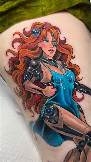 Nicole | Whimsical Tattoo Artist on Instagram: "My client have me the idea of Turning herself into a bionic pinup tattoo using her scars and past medical history, representing what she overcame and how strong she is. As a whimsical tattoo artist who changed her own career in 30s, I was totally down for it! She sat for 6 hours straight even though she had other conditions that made it extra challenging. I am amazed at how strong and resilient some of you guys are 😍🔥 Books opening in spring 2026