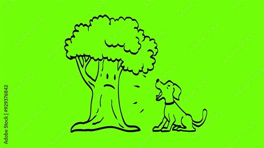 2d Animation cartoon character of a dog, mutt, puppy or canine sitting and barking at tree on white, black and green screen in 4k ultra-high-definition. Stock Video