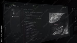 Entering the program code into the futuristic web development software. Writing codes inside of the app development program. Typing code into the modern map development program. Ui