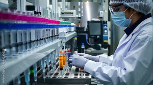 A scientist conducts experiments in a laboratory, handling colorful test tubes with precision and focus while wearing protective gear