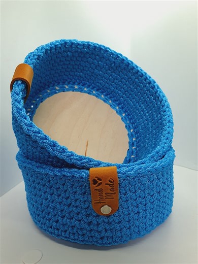 Handmade Blue Knitted Basket: Small Storage With Wooden Bottom - Etsy