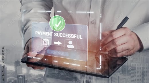 Successful transaction message showing secure payment. Payment confirmed, secured, payment processed, and payment completed with trust and transaction integrity. Marrow