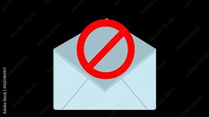 video animation spam email concept, of a letter envelope with a forbidden symbol, on a transparent background with alpha channel set to zero