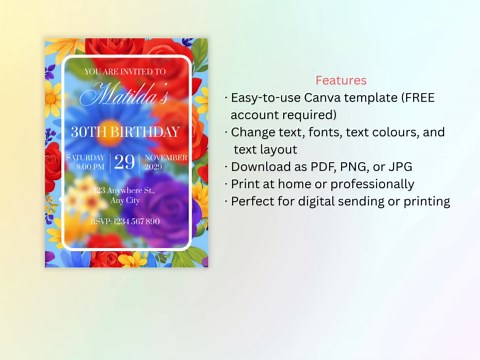 Floral Birthday Invitation Template, Colorful Flower Party Invite, Editable Birthday Invite, Bright Garden Party Canva Template - Etsy