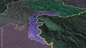 Azad Kashmir - centrally administered area of Pakistan with its capital zoomed on the administrative map of the globe. Animation 3D