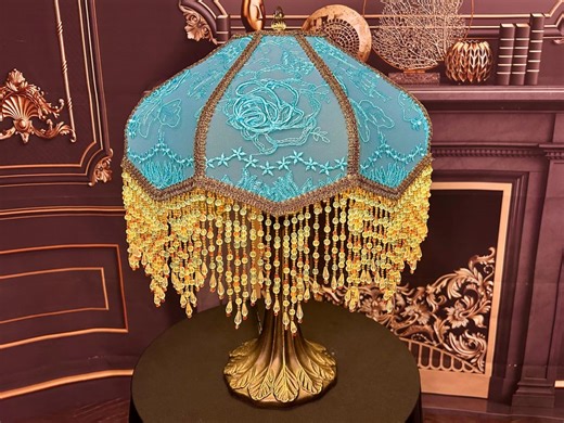 Victorian Table Lamp: Beaded Fringe, Embroidered Lace, Handmade Antique Style - Etsy UK