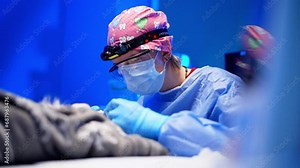 Veterinary procedure: tooth extraction and cleaning under anesthesia in the clinic. Animal care and oral hygiene by a veterinarian. High quality 4k footage