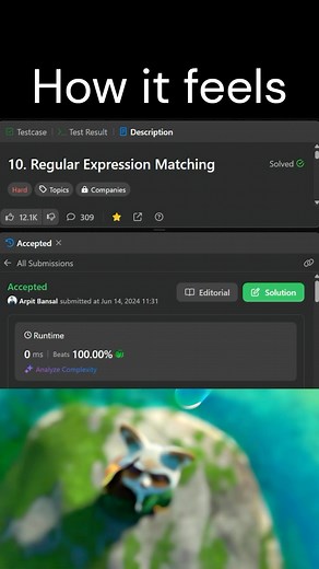 Algorithms & Structures on Instagram: "It is a must question for cracking interviews. Given an input string s and a pattern p, implement regular expression matching with support for ‘.’ and ‘*’ where: ‘.’ Matches any single character.​​​​ ‘*’ Matches zero or more of the preceding element. The matching should cover the entire input string (not partial). https://leetcode.com/problems/regular-expression-matching/submissions/1287770132/ #datastructures #algorithms #codinglife #programming #techeduca