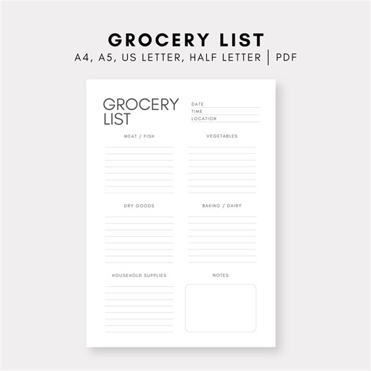 Grocery Checklist Printable Grocery Shopping Checklist Food Shopping List Pantry Household Checklist Instant Download - Etsy