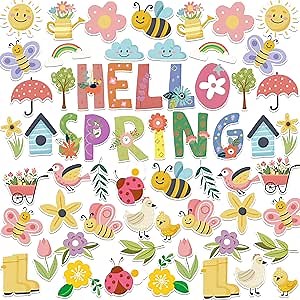 JuGeoZhi 61pcs Spring Bulletin Board Decorations - Hello Spring Classroom Cutouts - Multicolor Floral & Fauna - Cardboard Wall Decor Set with Glue Points