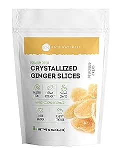 Dried Crystallized Ginger Slices (12 oz) by Kate Naturals. Vegan & Gluten-Free Sugared All-Natural Slices of Fresh Dried Ginger to Fight Nausea & Indigestion. 12 oz
