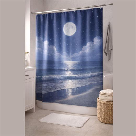 Ocean Moon Shower Curtain | Night Sky Moonlight Bathroom Decor