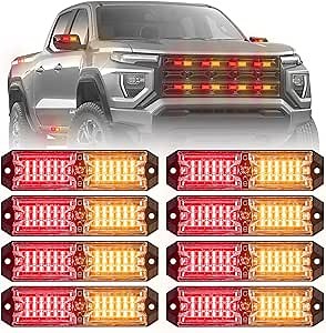 8-pcs Amber Red LED Emergency Flashing Warning Strobe Lights, Sync Feature Surface-Mount Beacon Hazard Light for Firefighter Vehicles, Ambulance Trucks, and Cars
