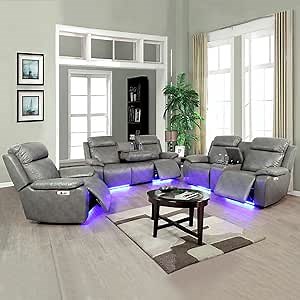 Power Reclining Sofa Set with LED Lights Leather Sofa with USB Port Living Room Furniture with Storage Console/Cup Holders Home Theater 3 Pieces Sofa Loveseat and Chair (Grey)