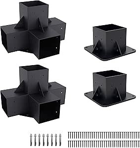Pergola Kit Elevated Wood Stand Kit Woodwork for 4"x 4" (Actual 3.5" x 3.5"), Solid Steel Wooden Gazebo Kit for Outdoor 4-Way Right Angle Corner Bracket and Base Brackets - Includes Screws