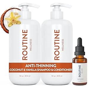 Routine Wellness Shampoo and Conditioner Set and Hair Serum for Thinning Hair - DHT Blocker Women & Men - Color Safe Shampoo for Hair Loss & Healthier Hair - Coconut & Vanilla Set + Serum