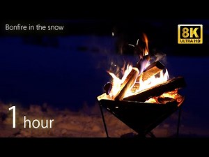 【8K焚火BGM動画】癒しの1時間 雪の上で燃える焚火の様子。A bonfire video that brings you feelings of relaxation and peace