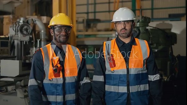 Working Together in a Factory: Two factory workers stand side by side, radiating confidence and experience, embodying the spirit of collaboration within an industrial environment.