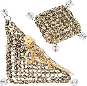 PIVBY Bearded Dragon Hammock（11.02" x 7.87", 2 PC） Reptile Lounger Climbing Toys Seagrass Fiber Habitat Tank Accessories for Chameleon, Lizards, Geckos, Snakes, Lguana, Amphibian Reptiles Habitats