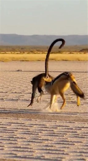 Side-striped Jackal vs Blue Monkey on the a zebra-crossed salt lick on the open plain