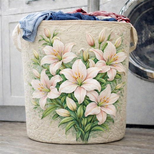 Quilted Floral Laundry Basket, Soft Fabric Storage Bin With Pink Lily Flowers, Decorative Home Organizer, Nursery or Bathroom Basket - Etsy