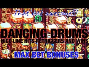 DANCING DRUMS SLOT MACHINE 🎰 MAX BET BONUSES NICE RETRIGGERS LINE HITS AND WINS! WOOHOO! 🤩👍😁