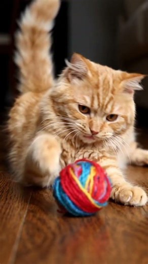 "A hyper-realistic 4K video of a fluffy ginger cat playing with a colorful wool ball #animagic #ani
