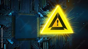 A yellow triangle with an exclamation mark inside it, over a dark background with a circuit board. Stock Video