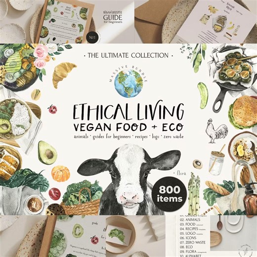 Hand-painted Watercolor Food Clipart Bundle - Restaurant Menu & Recipe Clipart - Eco Vegan Healthy Lifestyle - Farm Animals - Ethical Living - Etsy