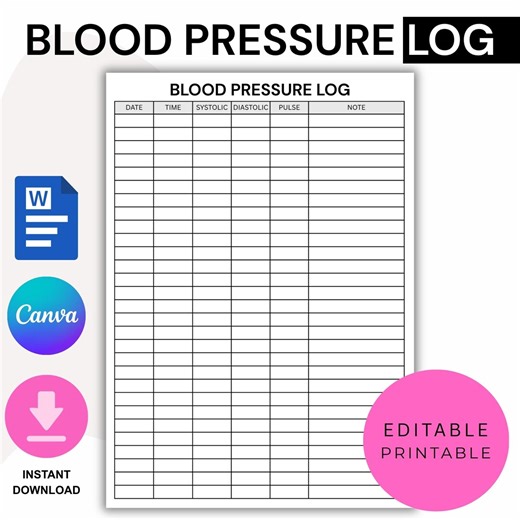 Printable Blood Pressure Log, Daily BP Tracker Sheet, Health Monitor PDF, A4 Letter, Canva Templete Instant Download - Etsy