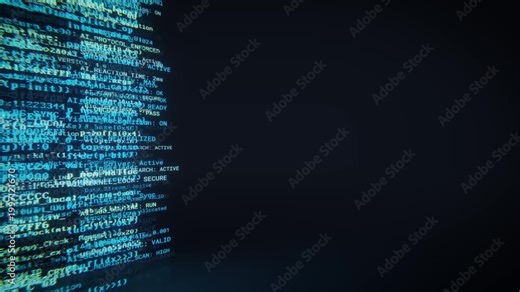 Seamless loop of glowing source code text scrolling on a dark digital background